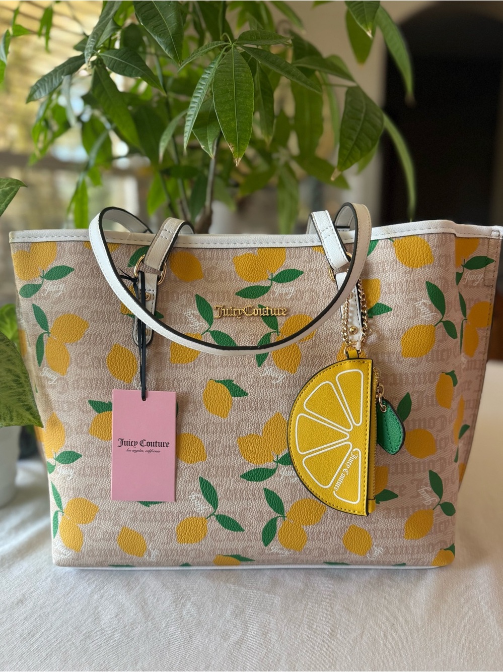 New! JUICY COUTURE Fruitful Lemon Summer Tote Bag Lemon Purse Charm with white